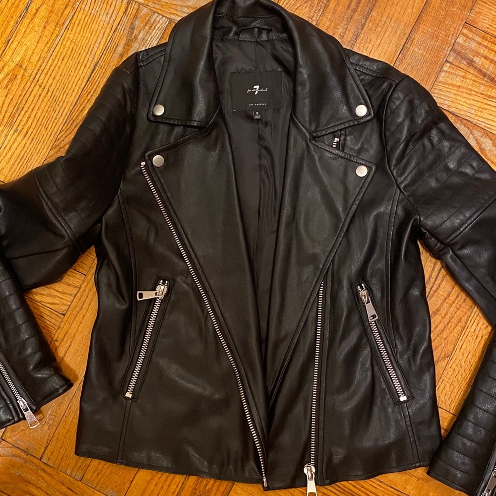 7 For All Mankind Quilted Black Faux Leather Jacket - Picture 7 of 11